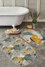 - RealHomes - Realhomes  Geometrik Şekilli Yaprak Çizimli 2'li Oval Kaymaz Tabanlı Banyo & Mutfak Paspas Takımı Realhomes