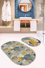 - RealHomes - Realhomes  Geometrik Şekilli Yaprak Çizimli 2'li Oval Kaymaz Tabanlı Banyo & Mutfak Paspas Takımı Realhomes