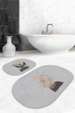 - RealHomes - Realhomes  Gri Zemin Bohem Tropik Yaprak Motifli 2'li Oval Kaymaz Tabanlı Banyo & Mutfak Paspas Takımı Realhomes