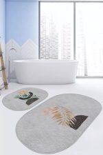 - RealHomes - Realhomes  Gri Zemin Bohem Tropik Yaprak Motifli 2'li Oval Kaymaz Tabanlı Banyo & Mutfak Paspas Takımı Realhomes