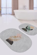 - RealHomes - Realhomes  Gri Zemin Bohem Tropik Yaprak Motifli 2'li Oval Kaymaz Tabanlı Banyo & Mutfak Paspas Takımı Realhomes