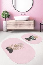- RealHomes - Realhomes  Pembe Zemin Bohem Tropik Yaprak Tasarımlı 2'li Oval Kaymaz Tabanlı Banyo & Mutfak Paspas Takımı Realhomes