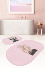 - RealHomes - Realhomes  Pembe Zemin Bohem Tropik Yaprak Tasarımlı 2'li Oval Kaymaz Tabanlı Banyo & Mutfak Paspas Takımı Realhomes