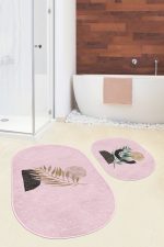 - RealHomes - Realhomes  Pembe Zemin Bohem Tropik Yaprak Tasarımlı 2'li Oval Kaymaz Tabanlı Banyo & Mutfak Paspas Takımı Realhomes