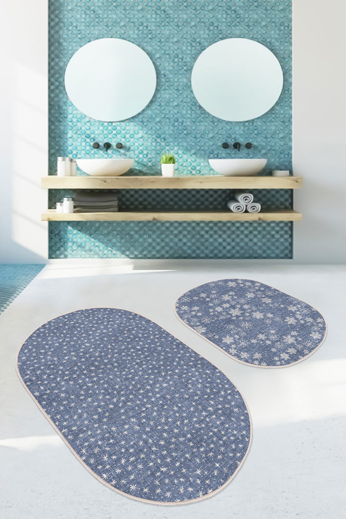Mavi Kod Desenli Dijital Baskılı 2'li Oval Kaymaz Tabanlı Banyo & Mutfak Paspas Takımı Realhomes