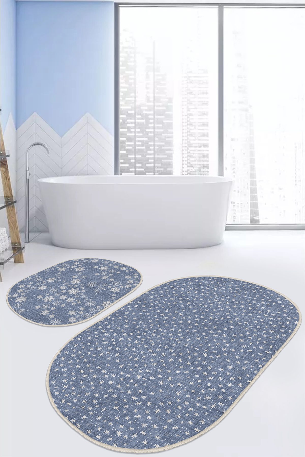 Mavi Kod Desenli Dijital Baskılı 2'li Oval Kaymaz Tabanlı Banyo & Mutfak Paspas Takımı Realhomes