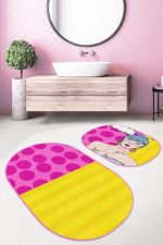 - RealHomes - Realhomes  Pembe Sarı Pop-Art Motifli 2'li Oval Kaymaz Tabanlı Banyo & Mutfak Paspas Takımı Realhomes