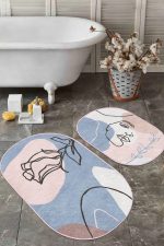 - RealHomes - Realhomes  Soyut Renkli Bohem Dijital Baskılı 2'li Oval Kaymaz Tabanlı Banyo & Mutfak Paspas Takımı Realhomes