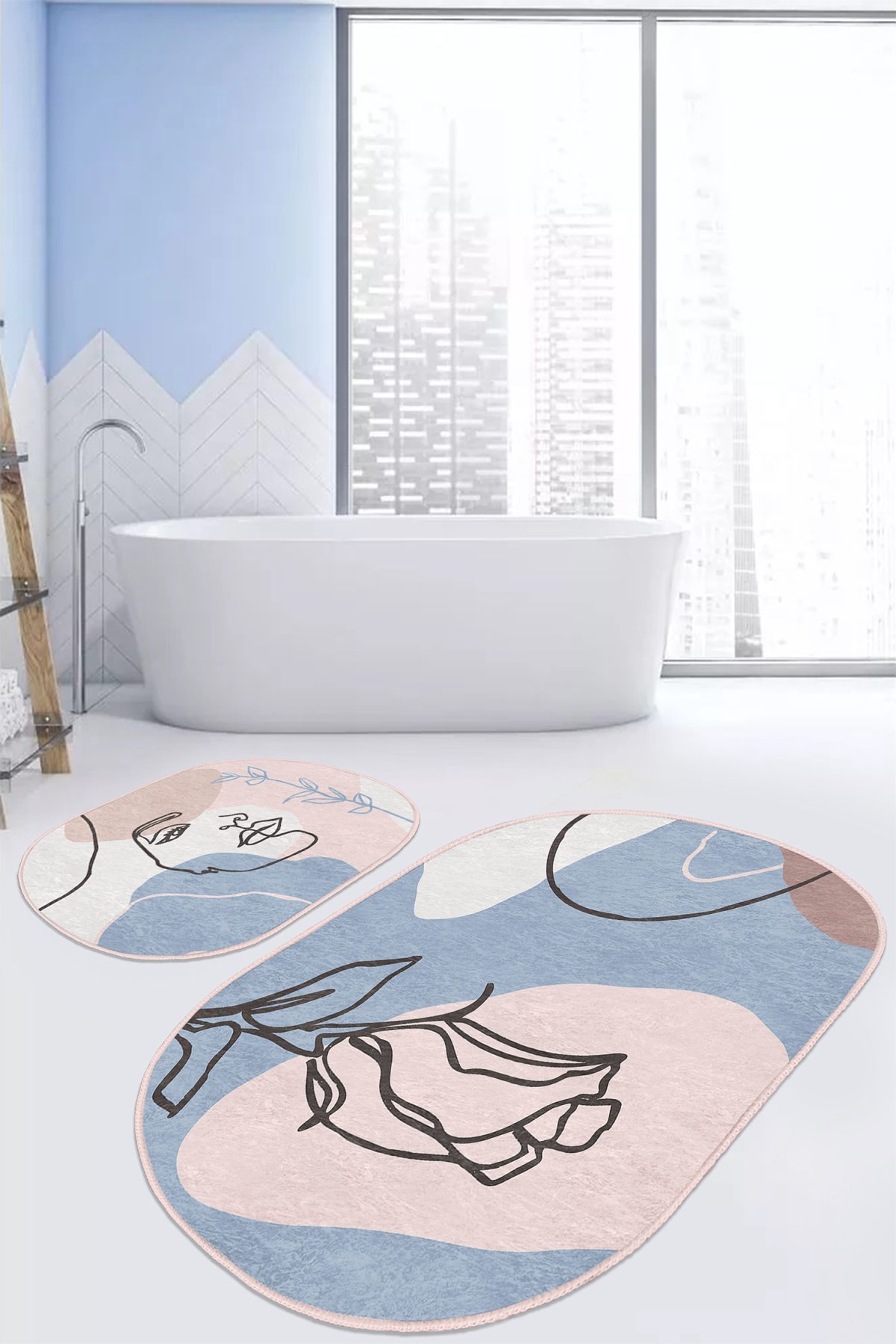 Soyut Renkli Bohem Dijital Baskılı 2'li Oval Kaymaz Tabanlı Banyo & Mutfak Paspas Takımı Realhomes
