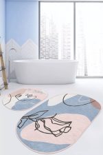 - RealHomes - Realhomes  Soyut Renkli Bohem Dijital Baskılı 2'li Oval Kaymaz Tabanlı Banyo & Mutfak Paspas Takımı Realhomes