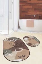 - RealHomes - Realhomes  Kahverengi Bohem Çizimli Özel Tasarım 2'li Oval Kaymaz Tabanlı Banyo & Mutfak Paspas Takımı Realhomes