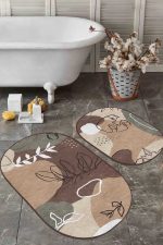 - RealHomes - Realhomes  Kahverengi Bohem Çizimli Özel Tasarım 2'li Oval Kaymaz Tabanlı Banyo & Mutfak Paspas Takımı Realhomes