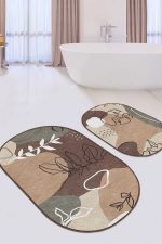 - RealHomes - Realhomes  Kahverengi Bohem Çizimli Özel Tasarım 2'li Oval Kaymaz Tabanlı Banyo & Mutfak Paspas Takımı Realhomes