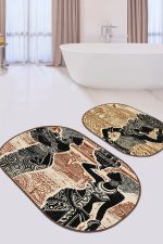 - RealHomes - Realhomes  Kahverengi Etnik Afrika Kadın Tasarımlı 2'li Oval Kaymaz Tabanlı Banyo & Mutfak Paspas Takımı Realhomes