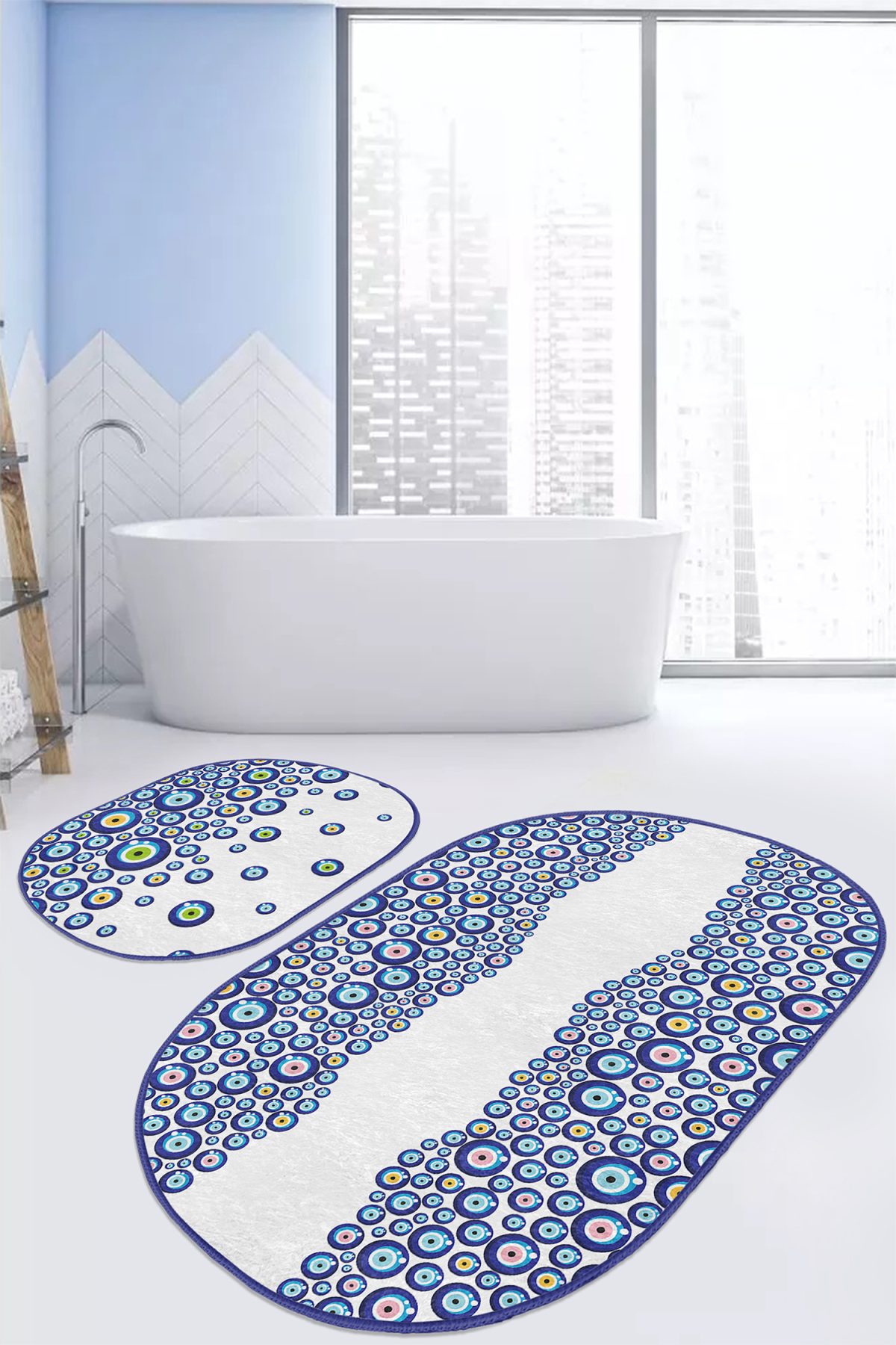 Beyaz Zemin Nazar Boncuklu Özel Tasarım 2'li Oval Kaymaz Tabanlı Banyo & Mutfak Paspas Takımı Realhomes