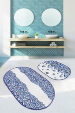 Beyaz Zemin Nazar Boncuklu Özel Tasarım 2'li Oval Kaymaz Tabanlı Banyo & Mutfak Paspas Takımı Realhomes