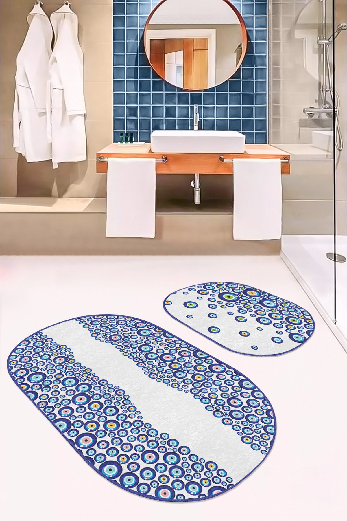 Beyaz Zemin Nazar Boncuklu Özel Tasarım 2'li Oval Kaymaz Tabanlı Banyo & Mutfak Paspas Takımı Realhomes