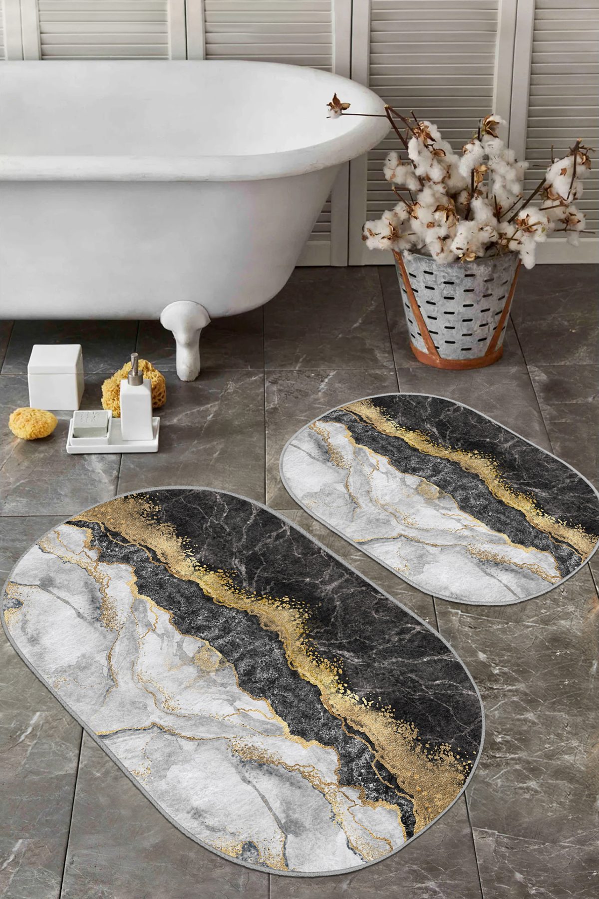 Siyah Mermer Özel Tasarım Dijital Baskılı 2'li Oval Kaymaz Tabanlı Banyo & Mutfak Paspas Takımı Realhomes