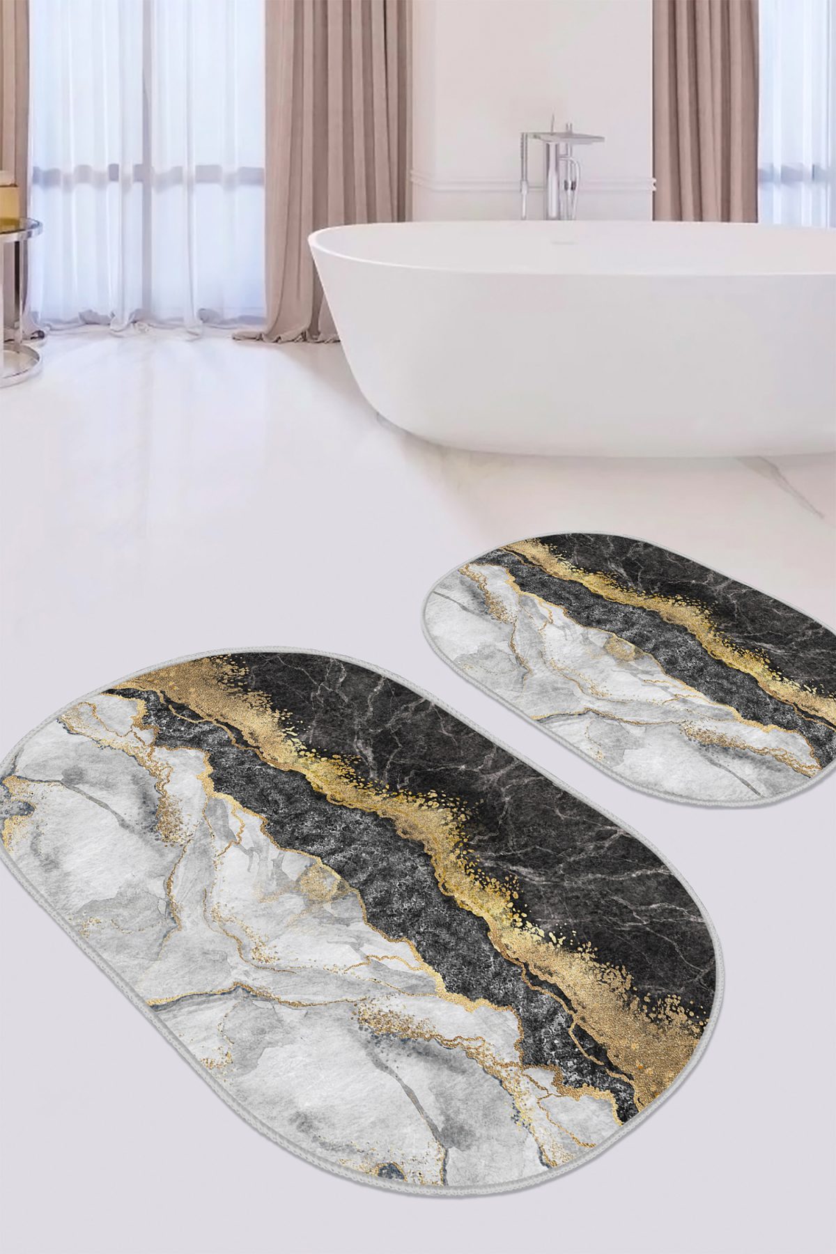 Siyah Mermer Özel Tasarım Dijital Baskılı 2'li Oval Kaymaz Tabanlı Banyo & Mutfak Paspas Takımı Realhomes