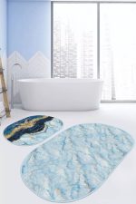 - RealHomes - Realhomes  Mavi Mermer Motifli Dijital Baskılı 2'li Oval Kaymaz Tabanlı Banyo & Mutfak Paspas Takımı Realhomes