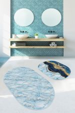- RealHomes - Realhomes  Mavi Mermer Motifli Dijital Baskılı 2'li Oval Kaymaz Tabanlı Banyo & Mutfak Paspas Takımı Realhomes