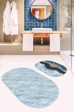 - RealHomes - Realhomes  Mavi Mermer Motifli Dijital Baskılı 2'li Oval Kaymaz Tabanlı Banyo & Mutfak Paspas Takımı Realhomes
