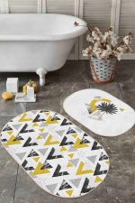 - RealHomes - Realhomes  Mermer Desenli Geometrik Üçgen 2'li Oval Banyo Paspas Seti & Mutfak Halısı Paspas Seti Realhomes