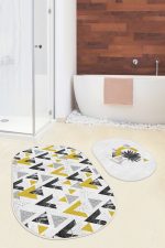 - RealHomes - Realhomes  Mermer Desenli Geometrik Üçgen 2'li Oval Banyo Paspas Seti & Mutfak Halısı Paspas Seti Realhomes