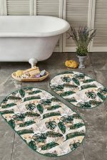 - RealHomes - Realhomes  Tropik Yaprak Gold Detaylı 2'li Oval Kaymaz Tabanlı Banyo Halısı Seti & Mutfak Paspas Takımı Realhomes