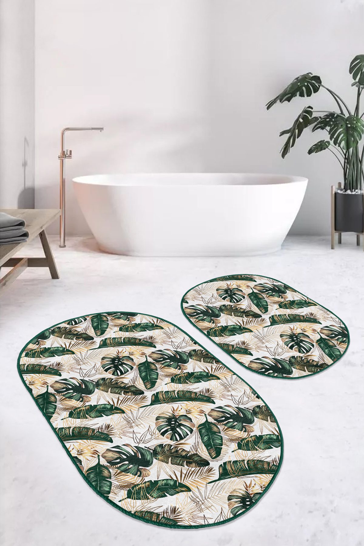 Tropik Yaprak Gold Detaylı 2'li Oval Kaymaz Tabanlı Banyo Halısı Seti & Mutfak Paspas Takımı Realhomes