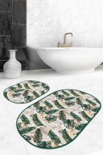 - RealHomes - Realhomes  Tropik Yaprak Gold Detaylı 2'li Oval Kaymaz Tabanlı Banyo Halısı Seti & Mutfak Paspas Takımı Realhomes
