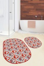 - RealHomes - Realhomes  Kırmızı Suluboya Motifli 2'li Oval Kaymaz Tabanlı Mutfak Paspas Seti & Banyo Halı Takımı Realhomes
