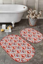 - RealHomes - Realhomes  Kırmızı Suluboya Motifli 2'li Oval Kaymaz Tabanlı Mutfak Paspas Seti & Banyo Halı Takımı Realhomes