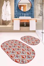 - RealHomes - Realhomes  Kırmızı Suluboya Motifli 2'li Oval Kaymaz Tabanlı Mutfak Paspas Seti & Banyo Halı Takımı Realhomes