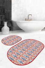 - RealHomes - Realhomes  Kırmızı Suluboya Tasarımlı 2'li Oval Kaymaz Tabanlı Banyo Paspas Takımı & Mutfak Paspas Seti Realhomes