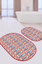 - RealHomes - Realhomes  Kırmızı Suluboya Tasarımlı 2'li Oval Kaymaz Tabanlı Banyo Paspas Takımı & Mutfak Paspas Seti Realhomes