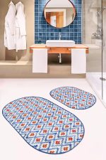 - RealHomes - Realhomes  Mavi Suluboya Zigzag Motifli 2'li Oval Kaymaz Tabanlı Mutfak Paspas Seti & Banyo Paspas Takımı Realhomes