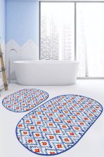 - RealHomes - Realhomes  Mavi Suluboya Zigzag Motifli 2'li Oval Kaymaz Tabanlı Mutfak Paspas Seti & Banyo Paspas Takımı Realhomes