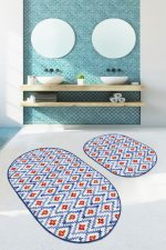 - RealHomes - Realhomes  Mavi Suluboya Zigzag Motifli 2'li Oval Kaymaz Tabanlı Mutfak Paspas Seti & Banyo Paspas Takımı Realhomes