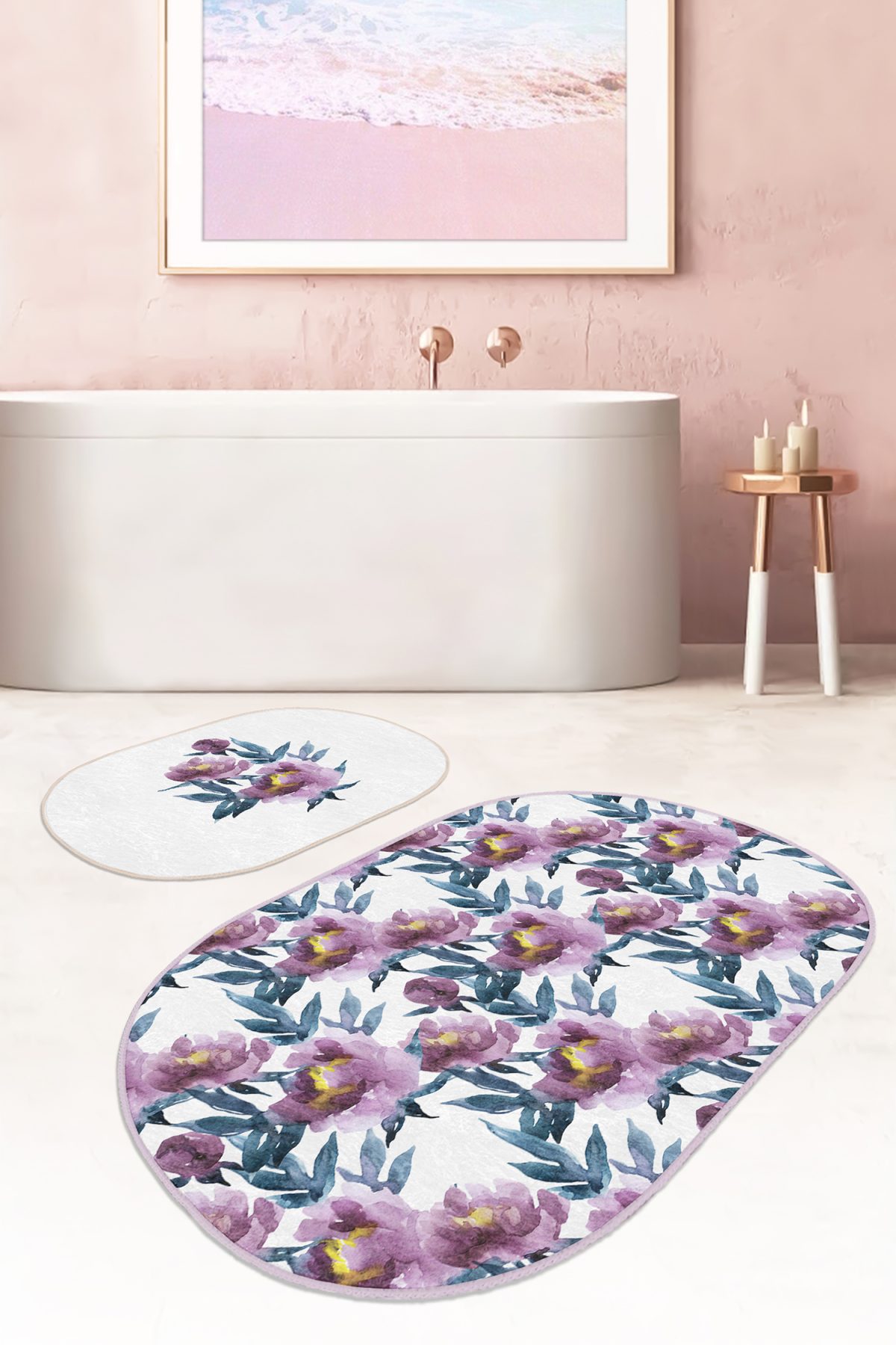 Eflatun Suluboya Gül Motifli 2'li Oval Kaymaz Tabanlı Banyo Paspası & Klozet Paspas Takımı Realhomes