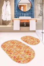 - RealHomes - Realhomes  Turuncu Ebru Sanatı Desenli 2'li Oval Kaymaz Tabanlı Banyo Halı Takımı & Klozet Paspas Seti Realhomes