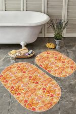 - RealHomes - Realhomes  Turuncu Ebru Sanatı Desenli 2'li Oval Kaymaz Tabanlı Banyo Halı Takımı & Klozet Paspas Seti Realhomes