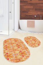 - RealHomes - Realhomes  Turuncu Ebru Sanatı Desenli 2'li Oval Kaymaz Tabanlı Banyo Halı Takımı & Klozet Paspas Seti Realhomes