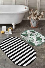 - RealHomes - Realhomes  Siyah Beyaz Çizgili Tropik Yaprak Motifli 2'li Oval Banyo Halısı & Klozet Paspas Takımı Realhomes