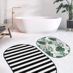 Düz Renkli Zemin Çiçek Motifli 2'li Oval Kaymaz Tabanlı Banyo Paspas Takımı & Klozet Paspas Seti Realhomes