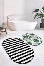 - RealHomes - Realhomes  Siyah Beyaz Çizgili Tropik Yaprak Motifli 2'li Oval Banyo Halısı & Klozet Paspas Takımı Realhomes