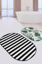 - RealHomes - Realhomes  Siyah Beyaz Çizgili Tropik Yaprak Motifli 2'li Oval Banyo Halısı & Klozet Paspas Takımı Realhomes