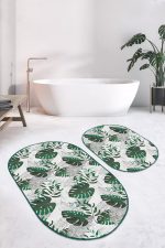 - RealHomes - Realhomes  Tropik Yaprak Tasarımlı 2'li Oval Kaymaz Tabanlı Banyo Halı Takımı & Banyo Paspas Takımı Realhomes