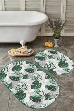 - RealHomes - Realhomes  Tropik Yaprak Tasarımlı 2'li Oval Kaymaz Tabanlı Banyo Halı Takımı & Banyo Paspas Takımı Realhomes