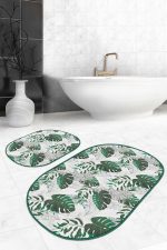 - RealHomes - Realhomes  Tropik Yaprak Tasarımlı 2'li Oval Kaymaz Tabanlı Banyo Halı Takımı & Banyo Paspas Takımı Realhomes